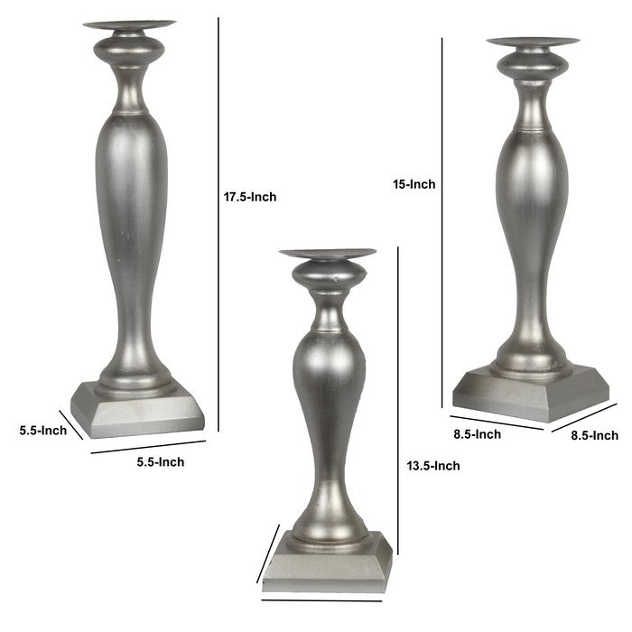 3 Piece Pedestal Style Wooden Candle Holder Set with Round Top, Silver