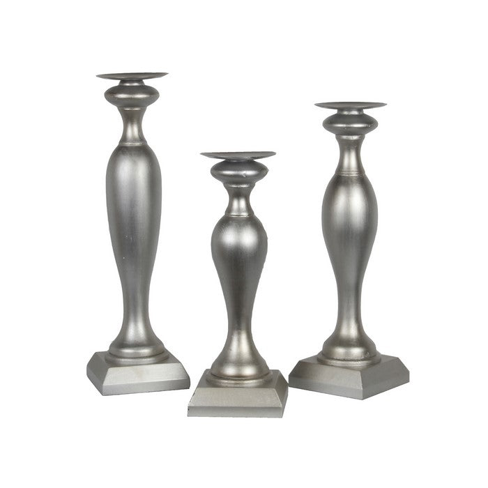 3 Piece Pedestal Style Wooden Candle Holder Set with Round Top, Silver