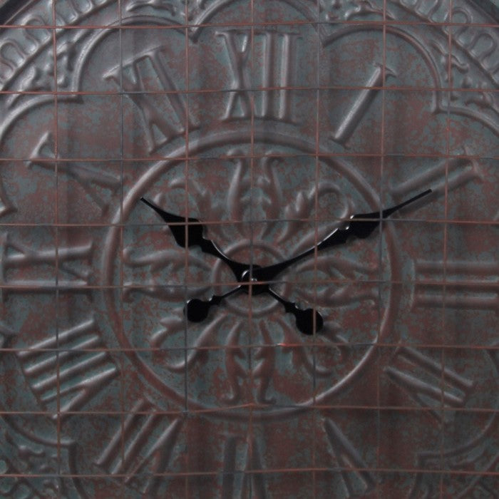 Round Metal Wall Clock with Mesh Overlay and Roman Numerals, Bronze