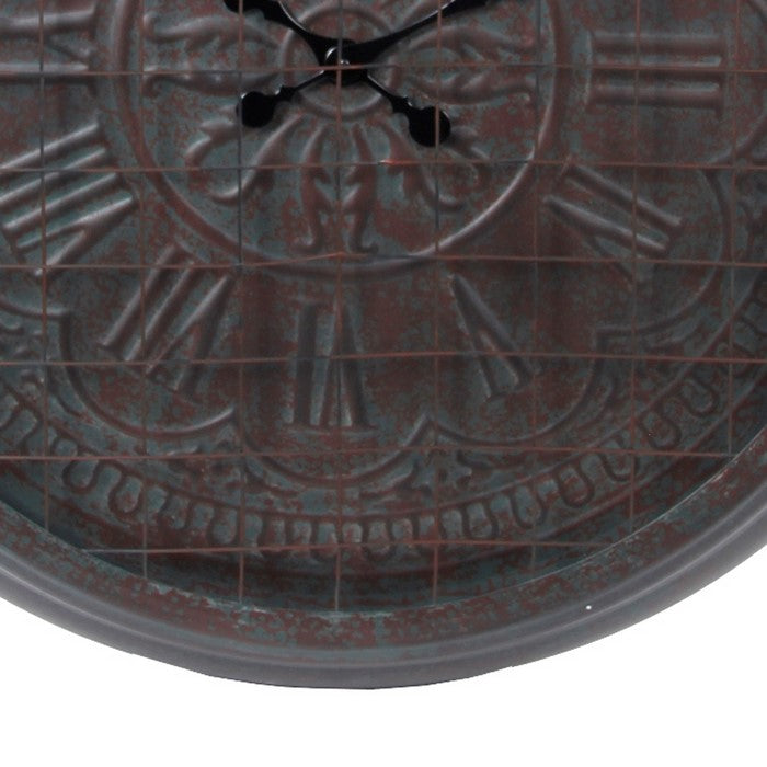 Round Metal Wall Clock with Mesh Overlay and Roman Numerals, Bronze