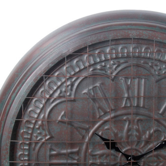 Round Metal Wall Clock with Mesh Overlay and Roman Numerals, Bronze