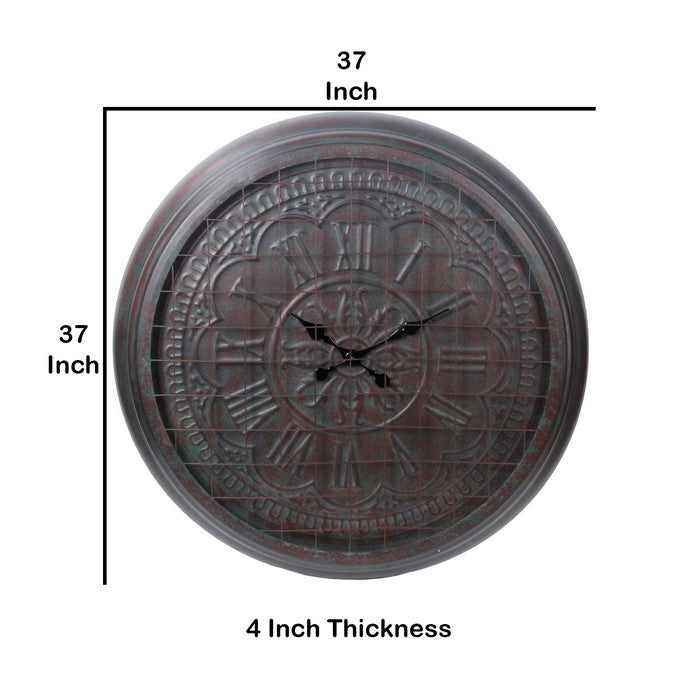 Round Metal Wall Clock with Mesh Overlay and Roman Numerals, Bronze