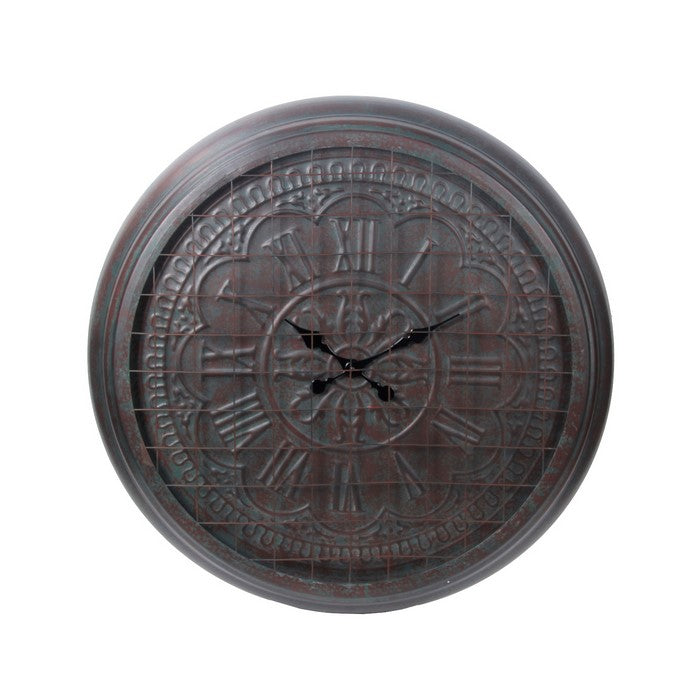 Round Metal Wall Clock with Mesh Overlay and Roman Numerals, Bronze