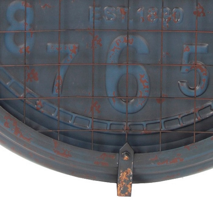Round Metal Wall Clock with Mesh Overlay and Roman Numerals, Blue