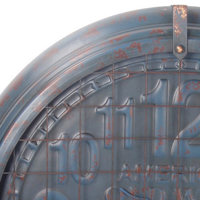Round Metal Wall Clock with Mesh Overlay and Roman Numerals, Blue