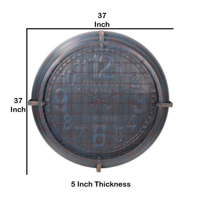 Round Metal Wall Clock with Mesh Overlay and Roman Numerals, Blue