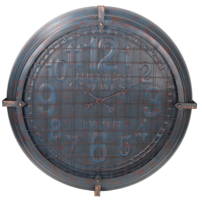 Round Metal Wall Clock with Mesh Overlay and Roman Numerals, Blue