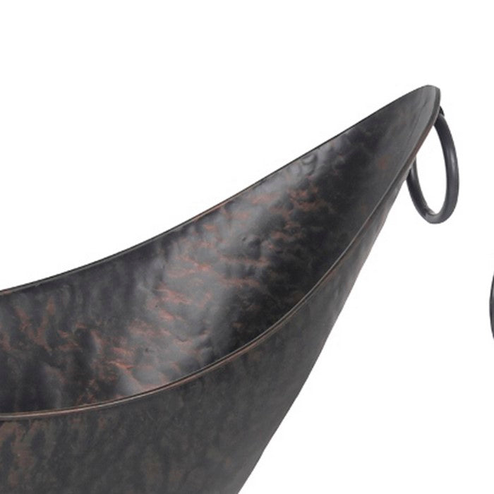 Oval Metal Planter with Hammered Details and Ring Handles, Set of 2, Bronze