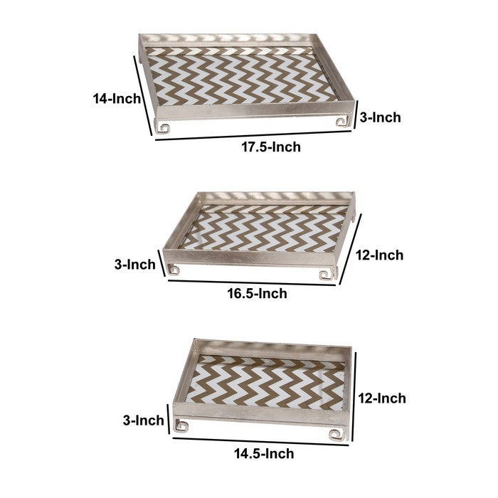 Decorative Iron Tray with Chevron Pattern, Set of 3, Silver