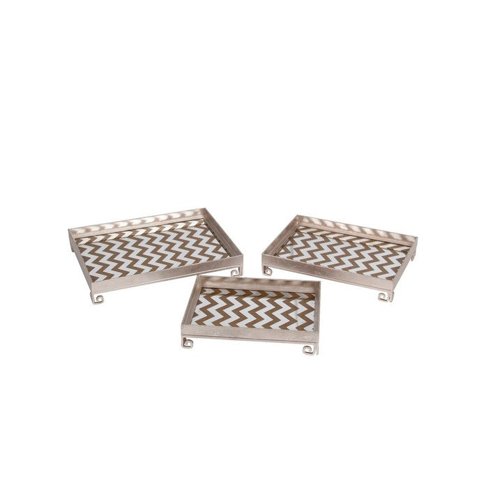 Decorative Iron Tray with Chevron Pattern, Set of 3, Silver