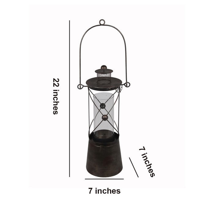 Vintage Metal and Glass Lantern with Finial Top, Small, Black