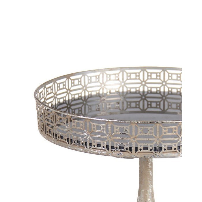Glass Inserted Iron Tray with Cutout Design and Pedestal Base, Silver