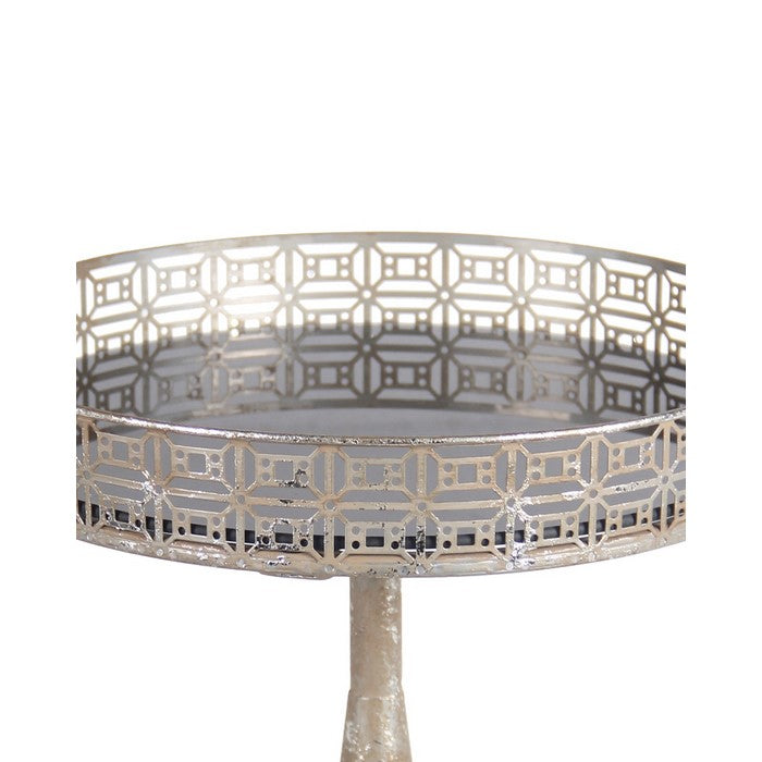Glass Inserted Iron Tray with Cutout Design and Pedestal Base, Silver