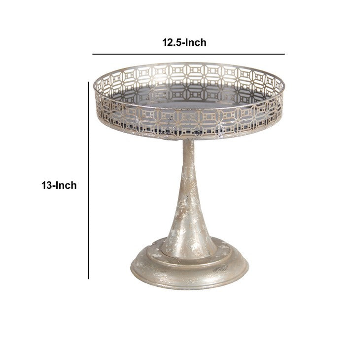 Glass Inserted Iron Tray with Cutout Design and Pedestal Base, Silver
