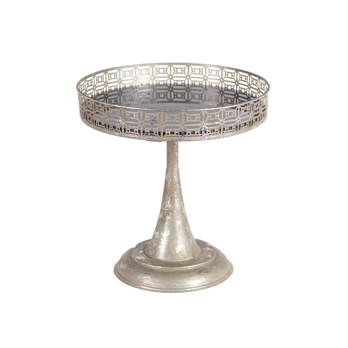 Glass Inserted Iron Tray with Cutout Design and Pedestal Base, Silver