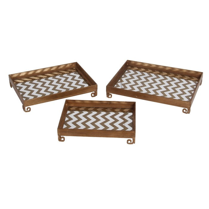 Decorative Iron Tray with Chevron Pattern, Set of 3, Gold