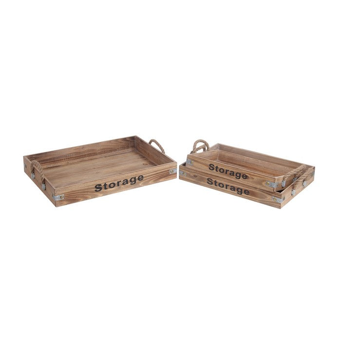 Farmhouse Style Wooden Trays with Rope Handles, Set of 3, Brown