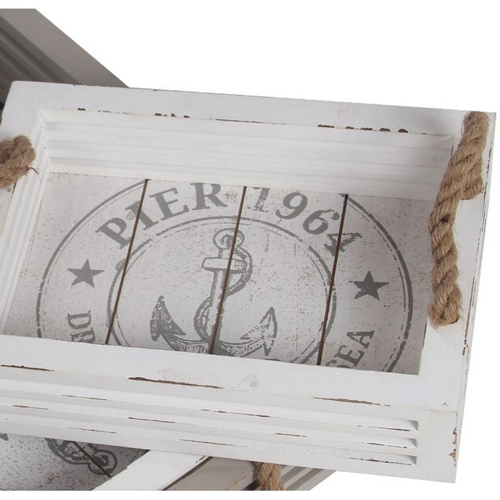 3 Piece Coastal Wooden Tray Set with Nautical Imprint, White and Gray