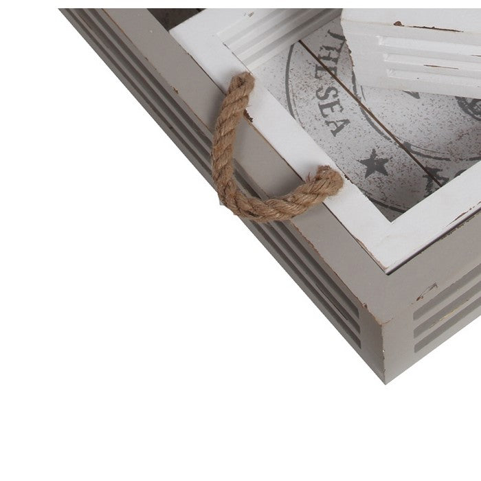 3 Piece Coastal Wooden Tray Set with Nautical Imprint, White and Gray