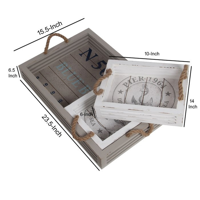 3 Piece Coastal Wooden Tray Set with Nautical Imprint, White and Gray