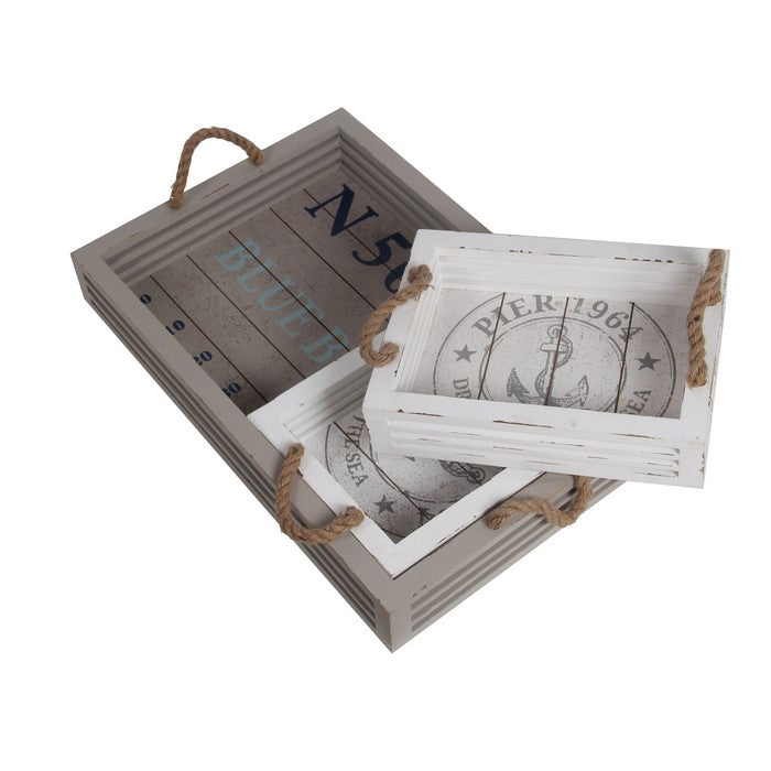 3 Piece Coastal Wooden Tray Set with Nautical Imprint, White and Gray