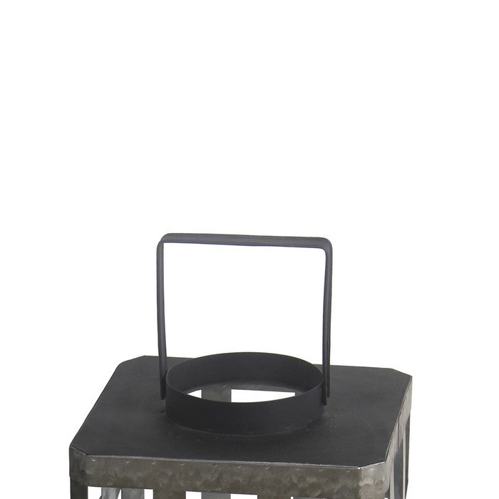 Open Design Galvanized Metal Lantern with Glass Hurricane, Gray