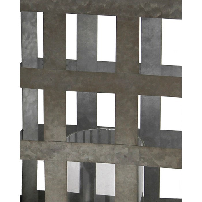 Open Design Galvanized Metal Lantern with Glass Hurricane, Gray
