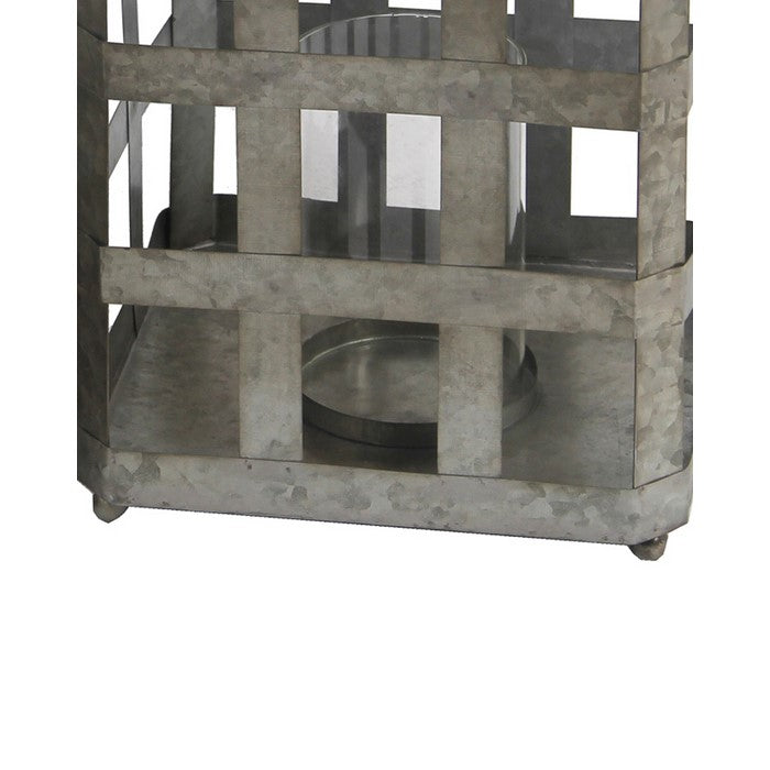 Open Design Galvanized Metal Lantern with Glass Hurricane, Gray