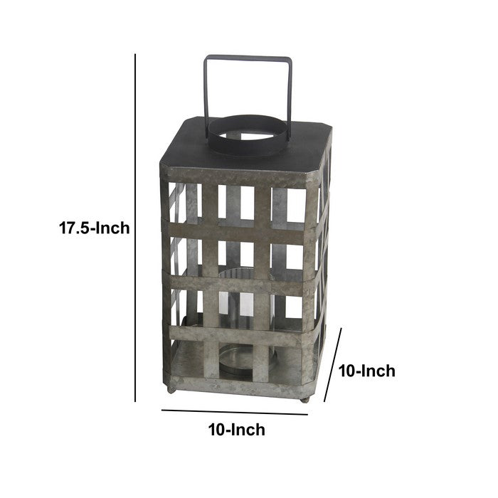 Open Design Galvanized Metal Lantern with Glass Hurricane, Gray