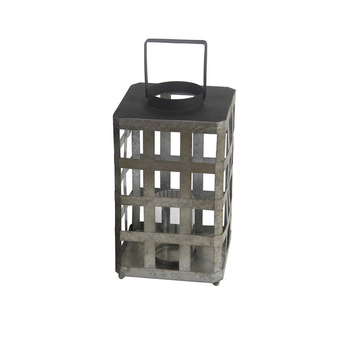 Open Design Galvanized Metal Lantern with Glass Hurricane, Gray