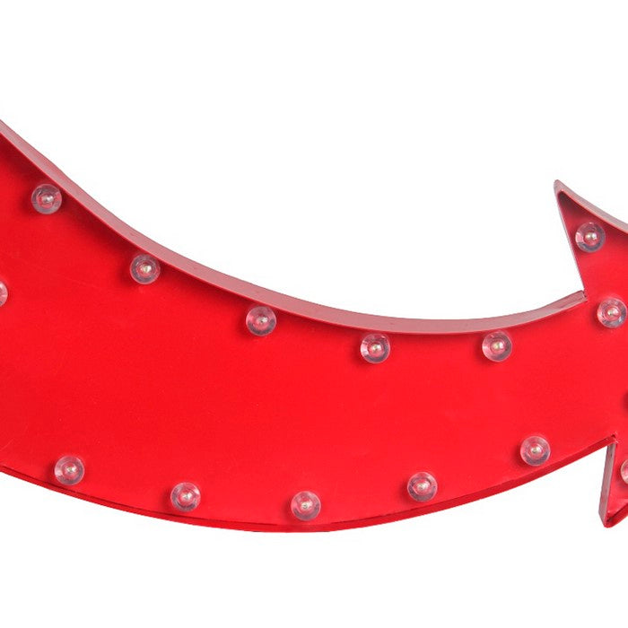 Contemporary Style Curved Arrow Metal Sign Board with LED Bulbs, Red