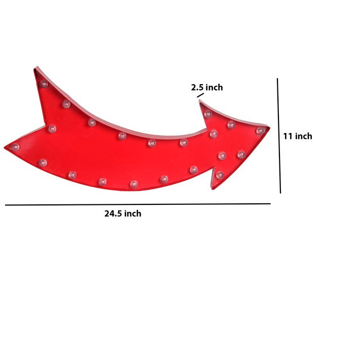 Contemporary Style Curved Arrow Metal Sign Board with LED Bulbs, Red