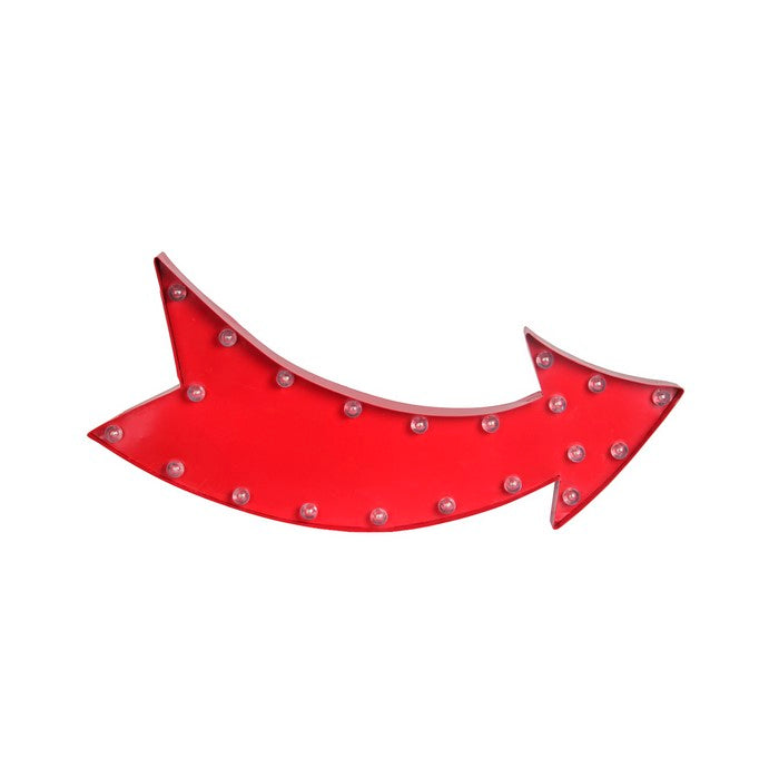 Contemporary Style Curved Arrow Metal Sign Board with LED Bulbs, Red