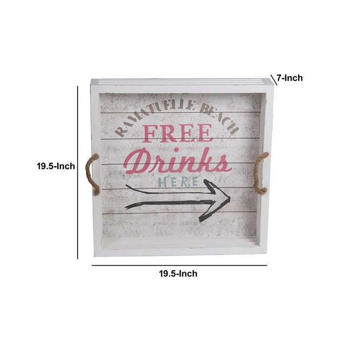 Coastal Wooden Drink Tray with Rope Handles, Large, White and Brown
