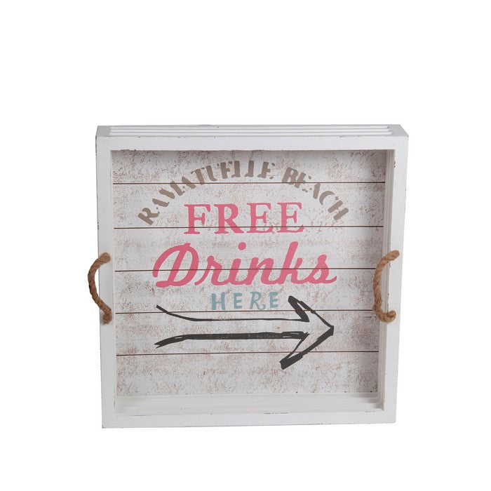 Coastal Wooden Drink Tray with Rope Handles, Large, White and Brown