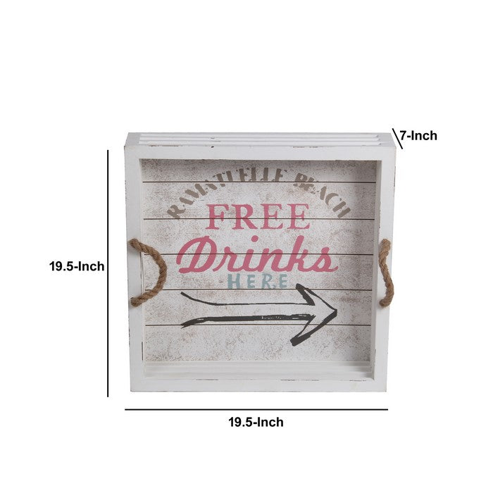 Coastal Wooden Drink Tray with Rope Handles, Medium, White and Brown