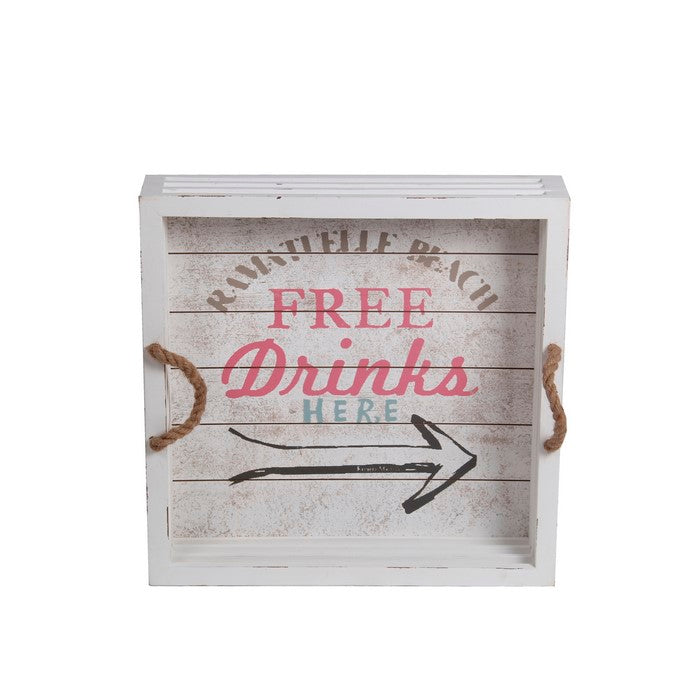 Coastal Wooden Drink Tray with Rope Handles, Medium, White and Brown