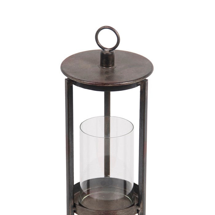 Transitional Style Metal Lantern with Glass Hurricane, Medium, Gray
