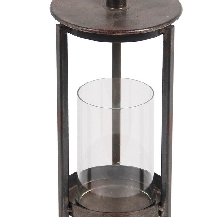 Transitional Style Metal Lantern with Glass Hurricane, Medium, Gray