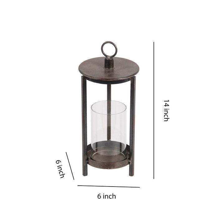 Transitional Style Metal Lantern with Glass Hurricane, Medium, Gray