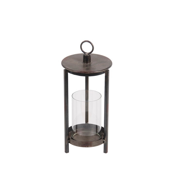 Transitional Style Metal Lantern with Glass Hurricane, Medium, Gray