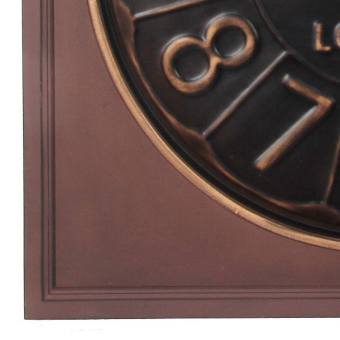 Round Wall Clock with Wooden Square Frame and Raised Numerals, Copper