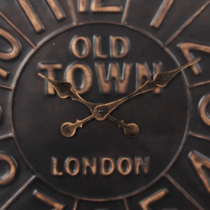 Round Wall Clock with Wooden Square Frame and Raised Numerals, Copper