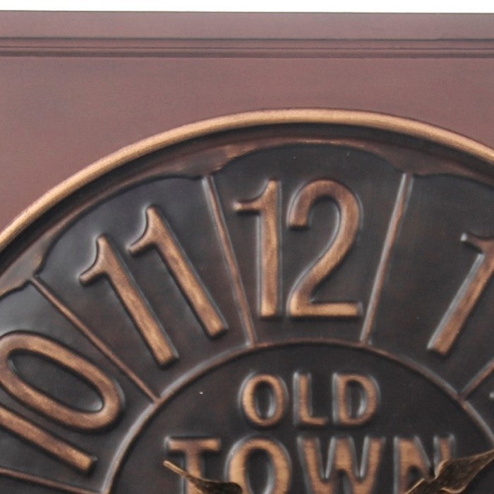 Round Wall Clock with Wooden Square Frame and Raised Numerals, Copper