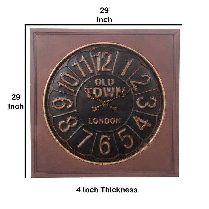 Round Wall Clock with Wooden Square Frame and Raised Numerals, Copper