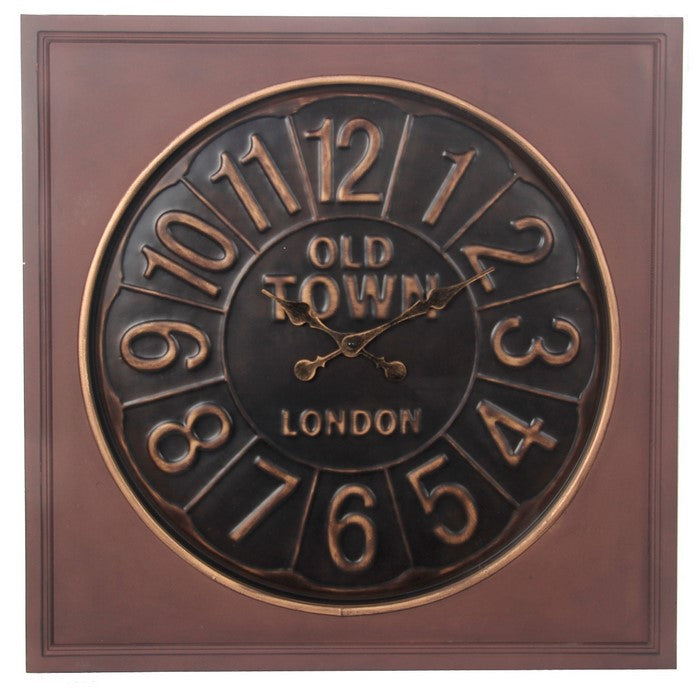 Round Wall Clock with Wooden Square Frame and Raised Numerals, Copper