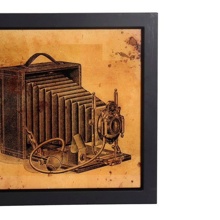 Square Vintage Camera Wall Art with Wooden Frame, Brown and Black