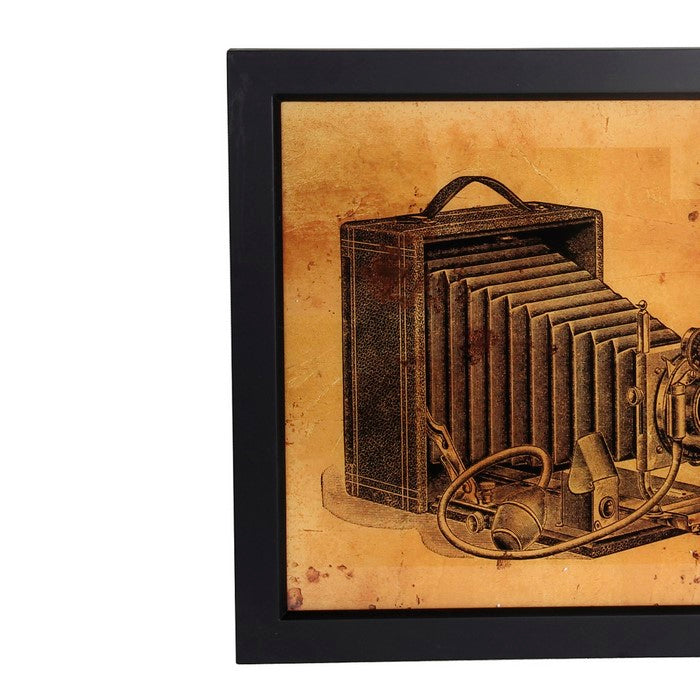 Square Vintage Camera Wall Art with Wooden Frame, Brown and Black