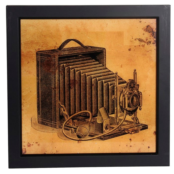 Square Vintage Camera Wall Art with Wooden Frame, Brown and Black