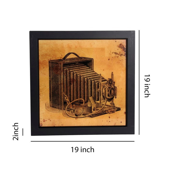 Square Vintage Camera Wall Art with Wooden Frame, Brown and Black